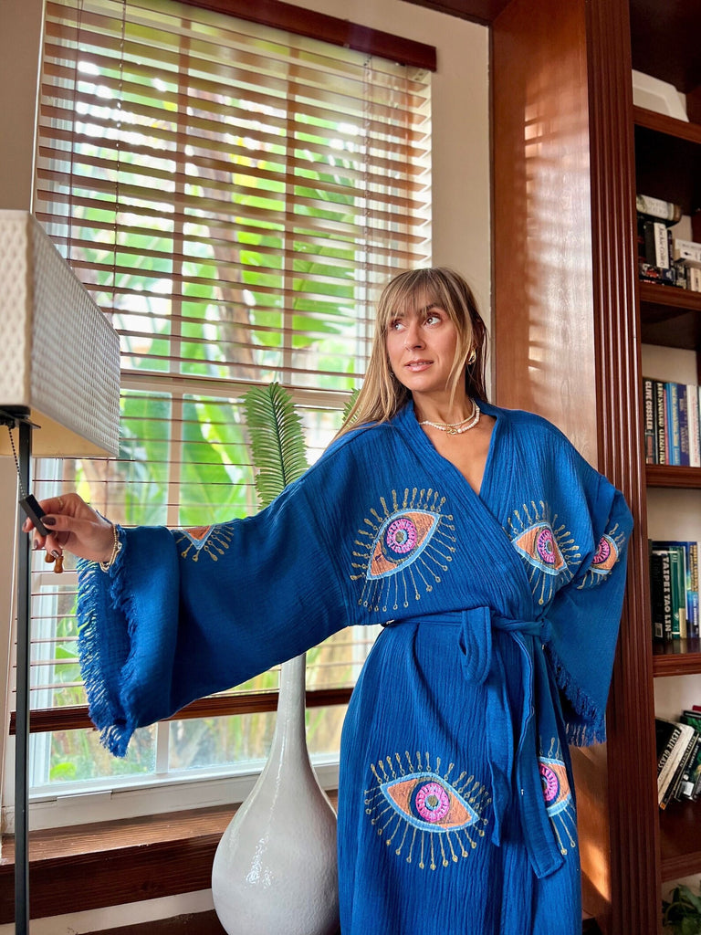 Blue Evil Eye Kimono, Women's Loungewear - Vleyn