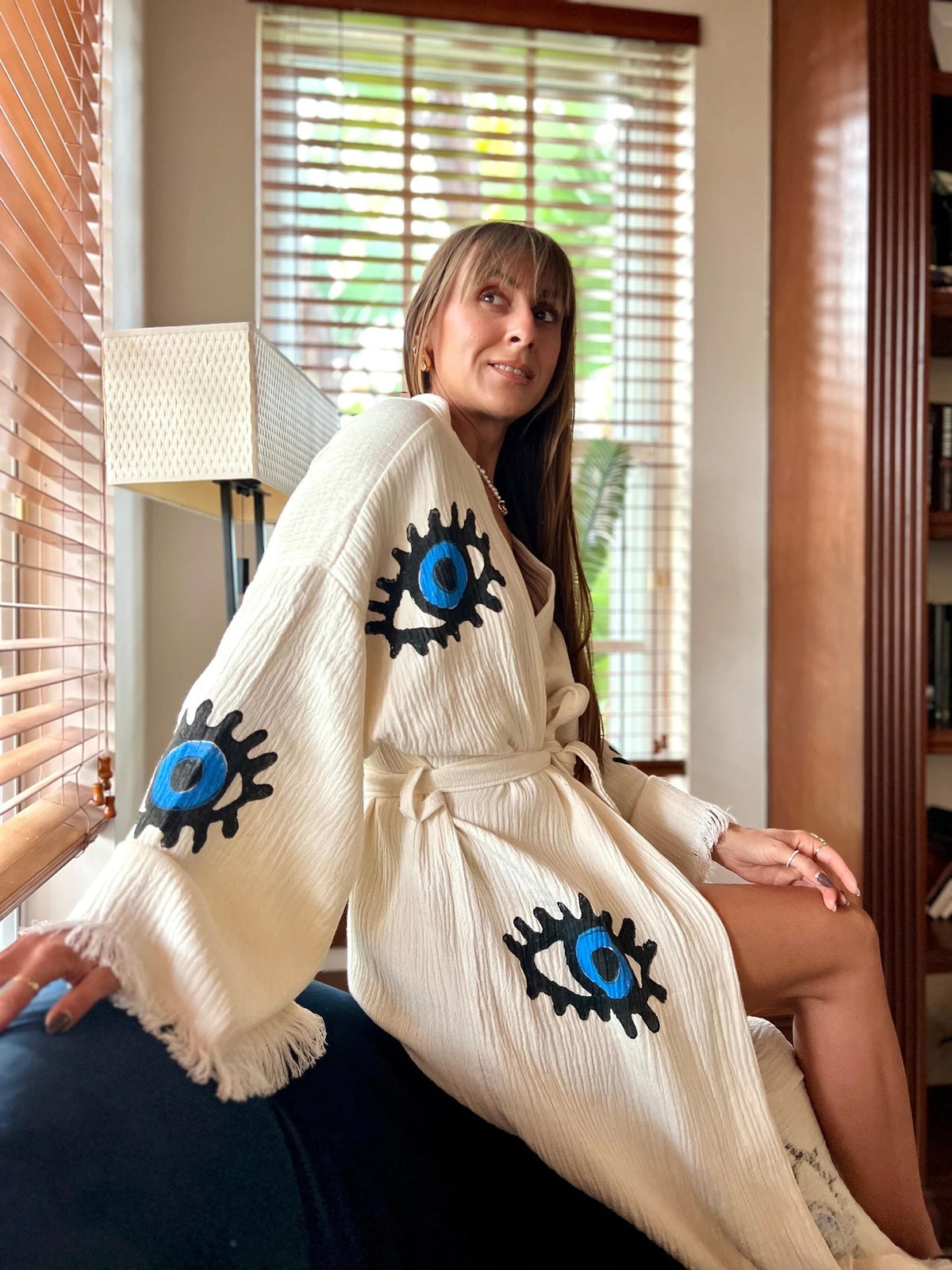 Classic Blue Evil Eye Kimono Front View — Sustainable Kimono Robe by Vleyn