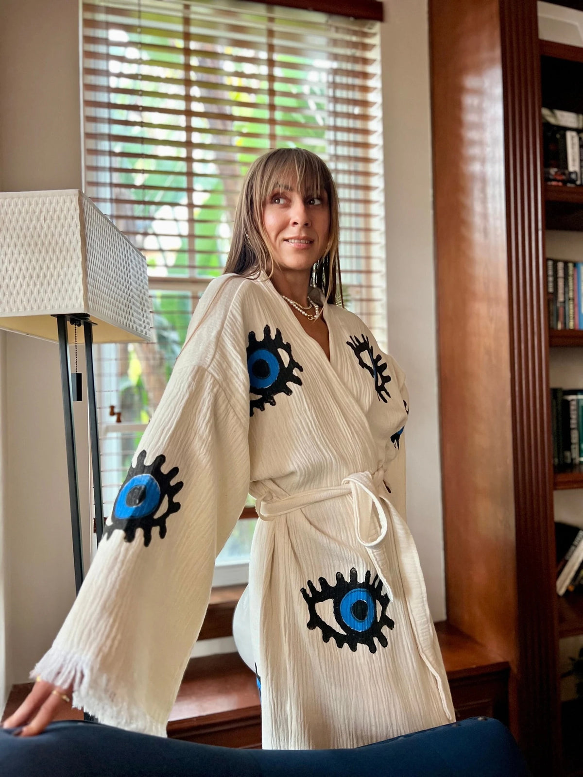 Classic Blue Evil Eye Kimono — Organic Cotton Boho Kimono Robe by Vleyn