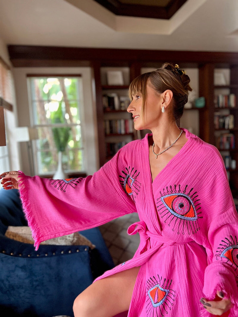 Pink Evil Eye Kimono Front View — Sustainable Kimono Robe by Vleyn