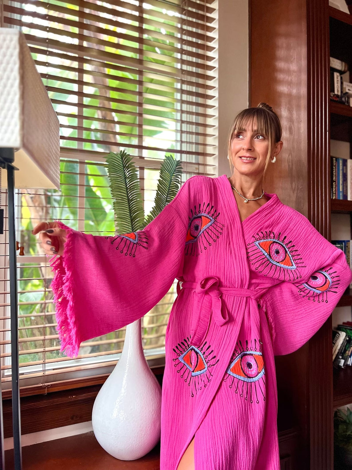 Pink Evil Eye Kimono — Organic Cotton Boho Kimono Robe by Vleyn