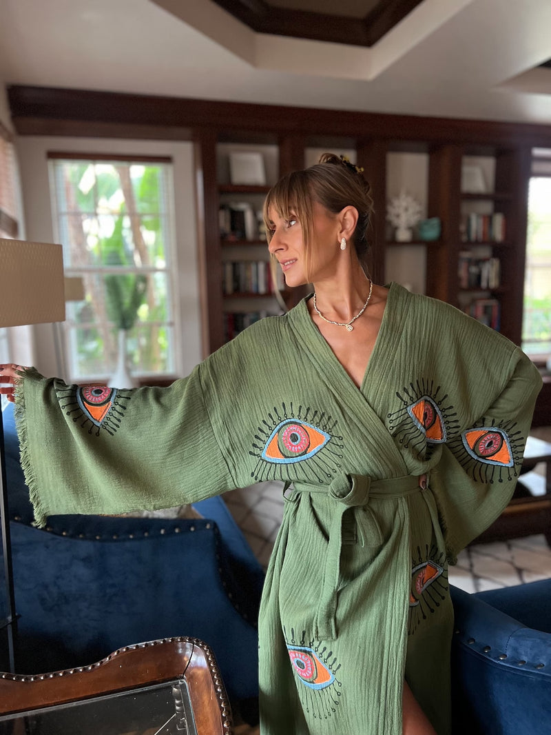 Green Evil Eye Kimono Front View — Sustainable Kimono Robe by Vleyn