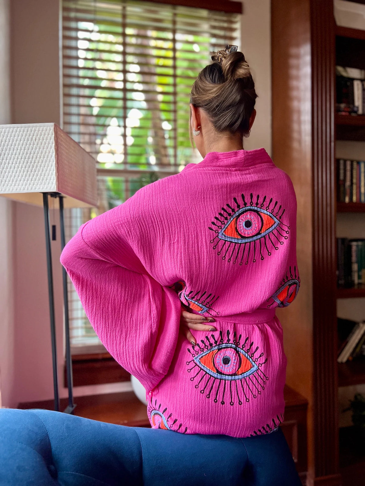 Pink Evil Eye Kimono Detail Shot — Handcrafted in Turkey by Vleyn