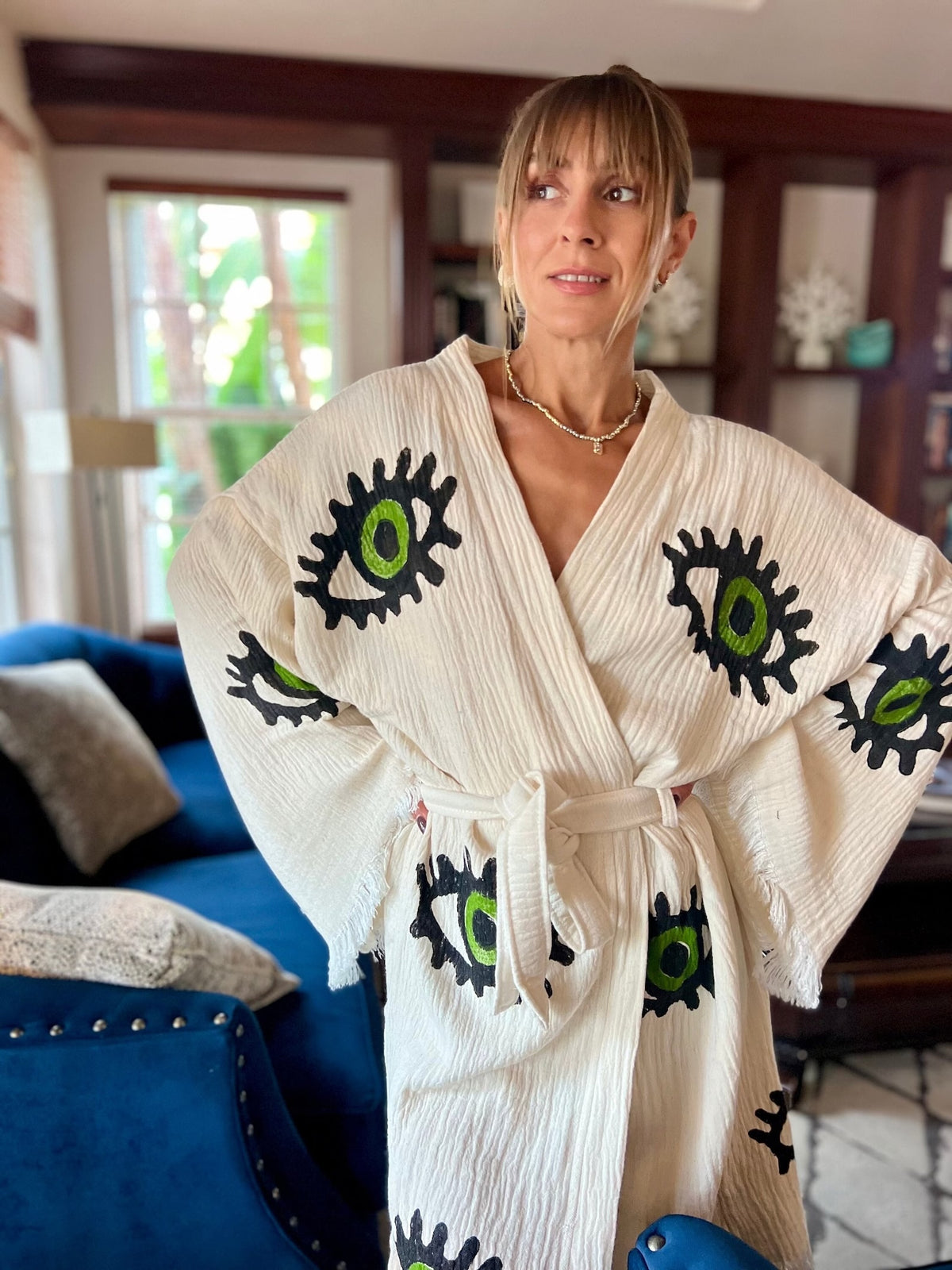 Lime Evil Eye Kimono — Organic Cotton Boho Kimono Robe by Vleyn