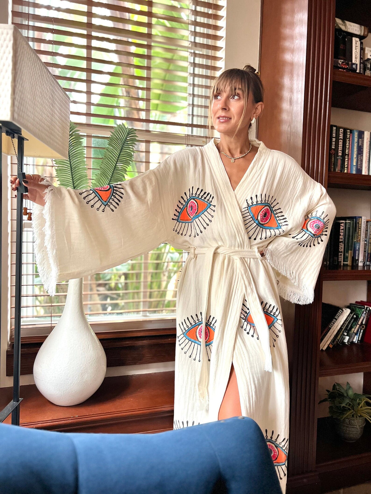 Coral Evil Eye Kimono — Organic Cotton Boho Kimono Robe by Vleyn