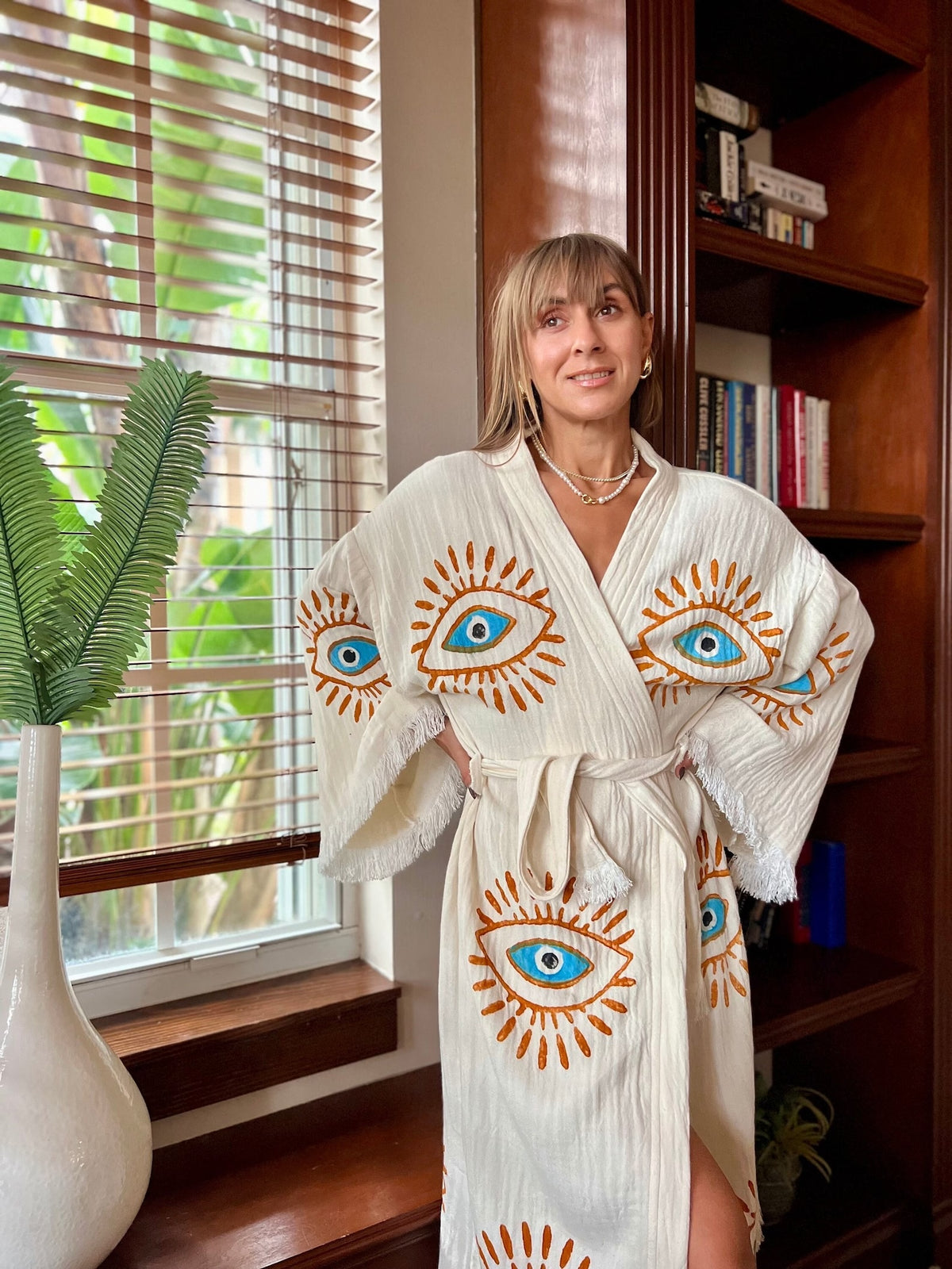 Terracotta Evil Eye Kimono — Organic Cotton Boho Kimono Robe by Vleyn