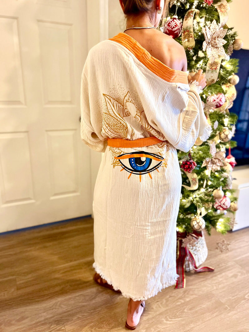 Dragon Evil Eye Kimono Front View — Sustainable Kimono Robe by Vleyn