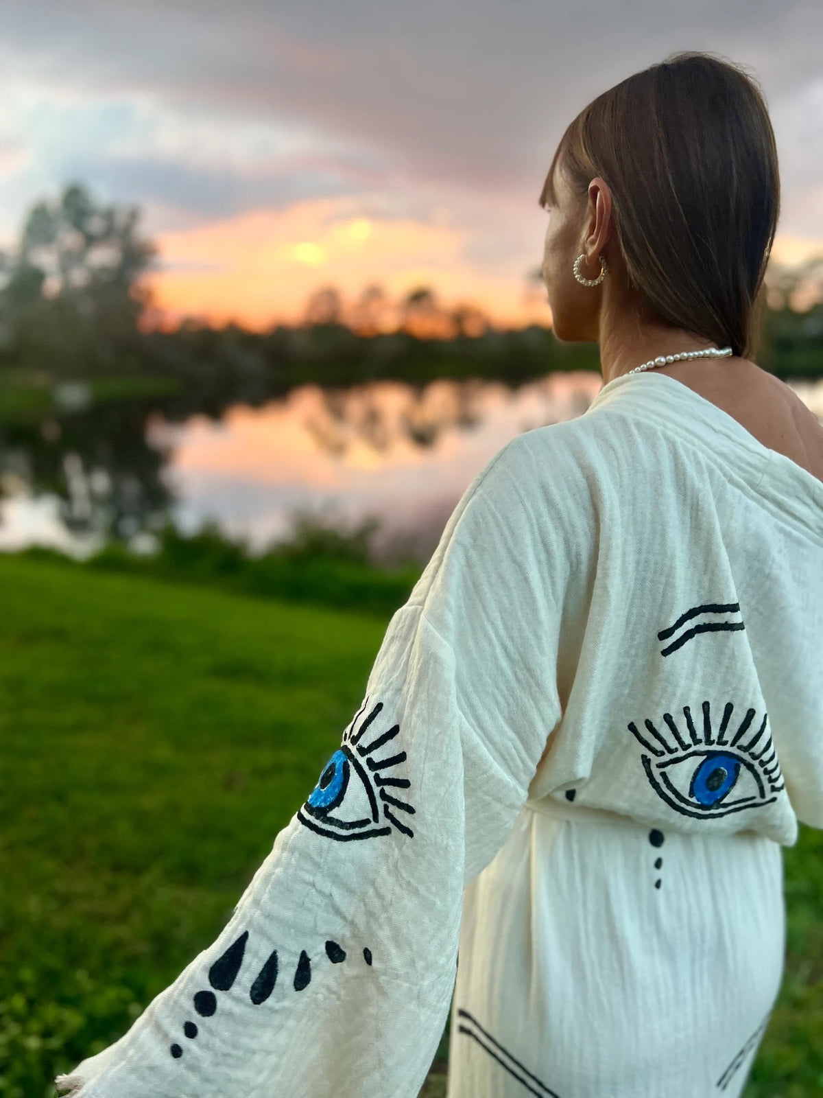Navy Evil Eye Kimono Detail Shot — Handcrafted in Turkey by Vleyn