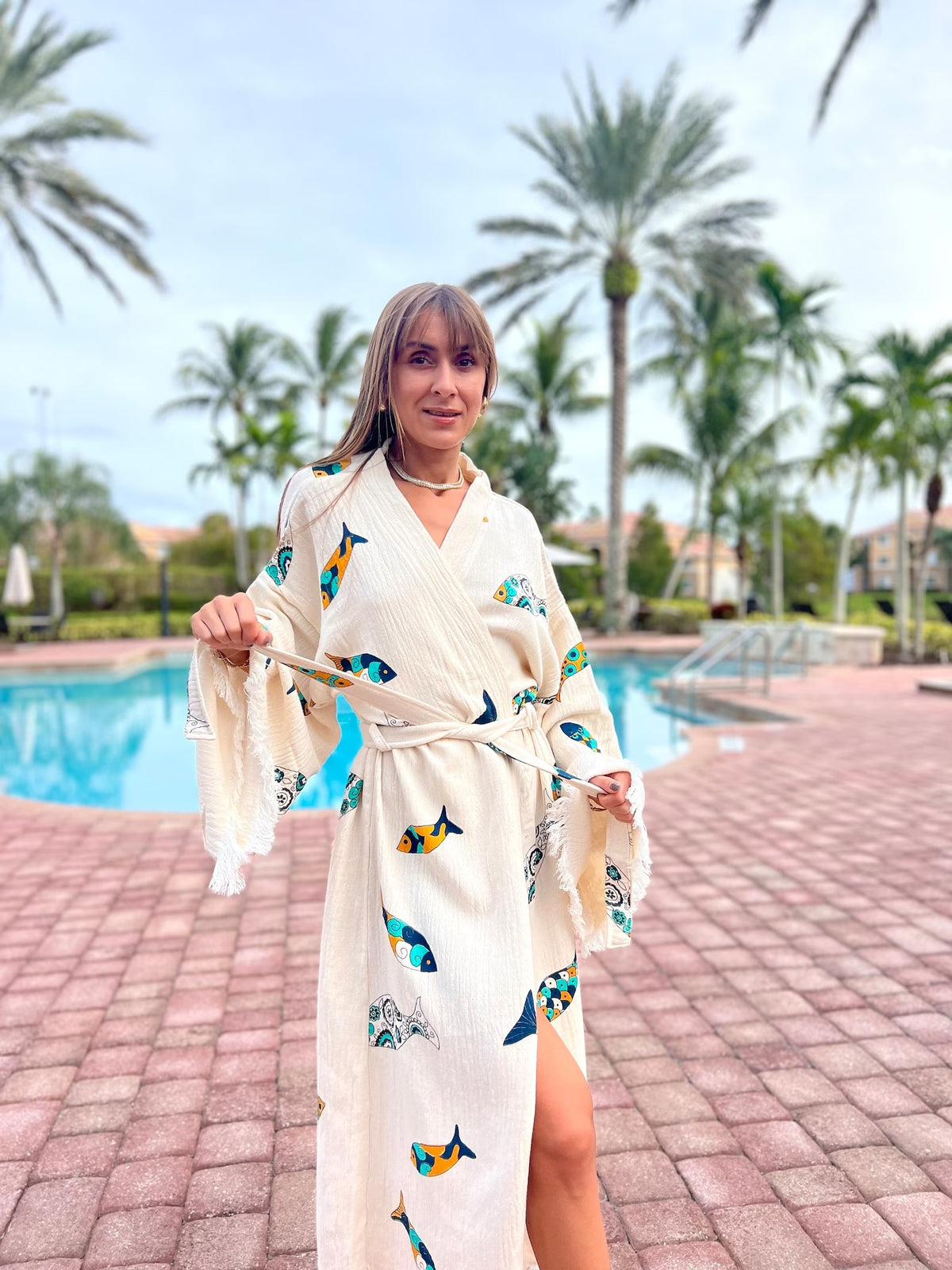 Stone Printed Fish Robe Detail Shot — Handcrafted in Turkey by Vleyn