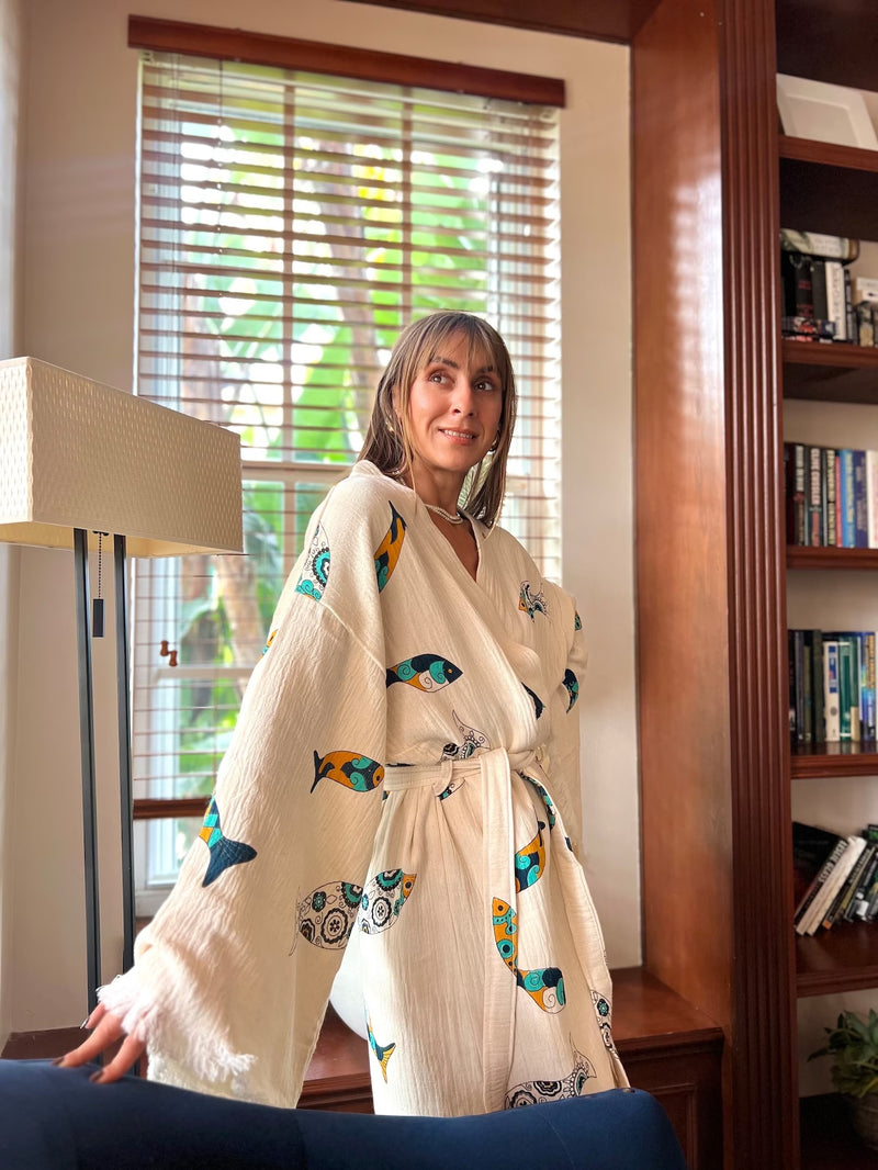 Stone Printed Fish Robe Front View — Sustainable Loungewear Robe by Vleyn