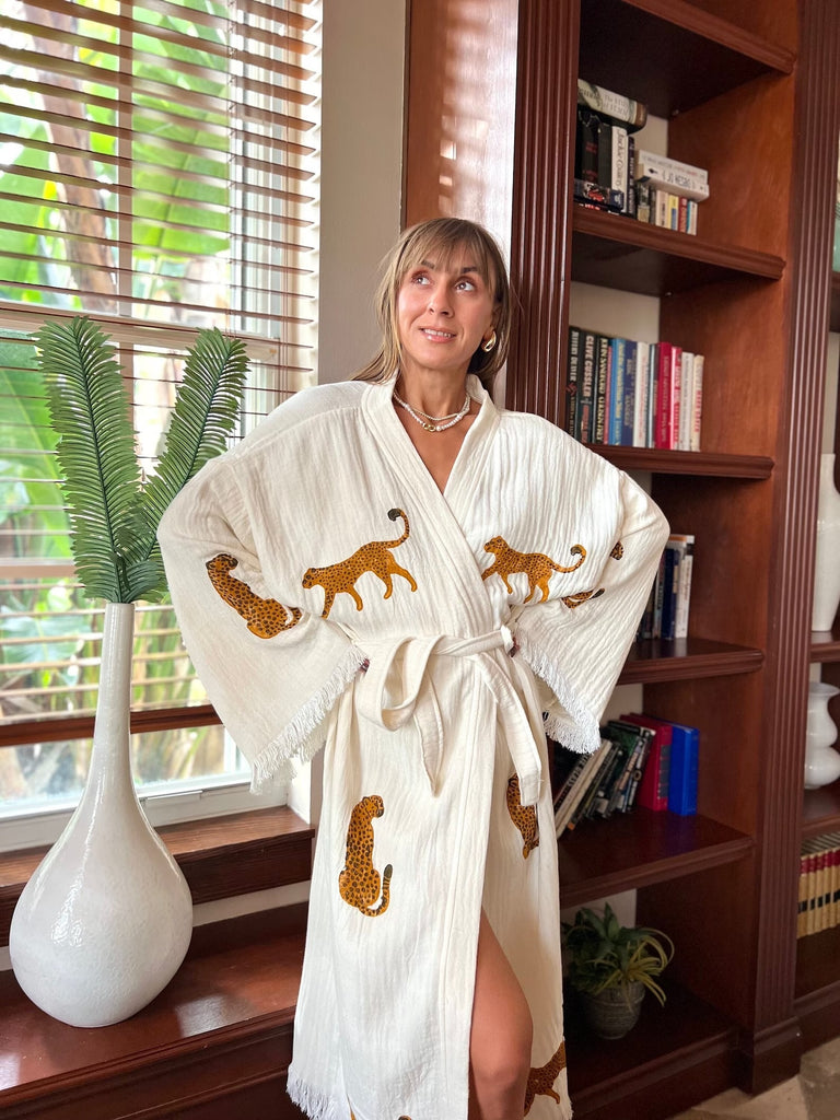 Beige Leopard Design Kimono, Women's Loungewear - Vleyn