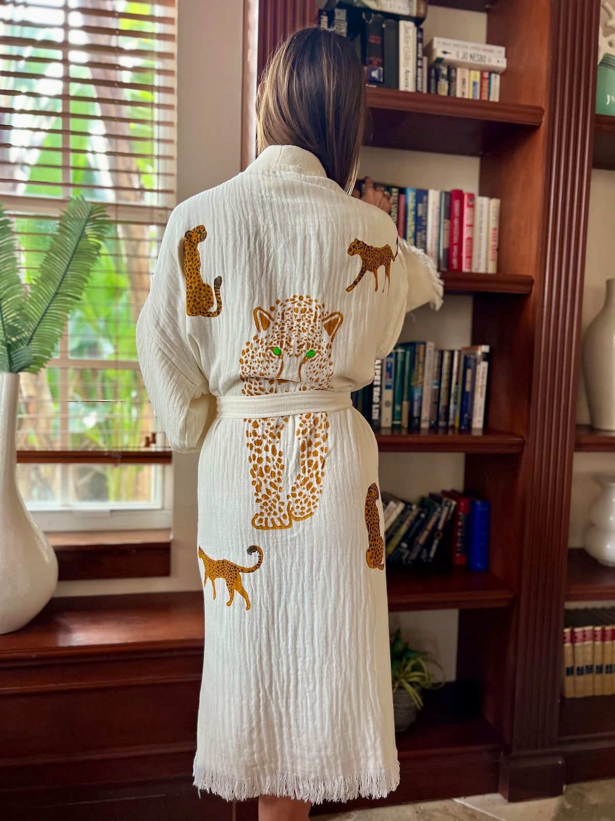Beige Leopard Kimono Front View — Sustainable Kimono Robe by Vleyn