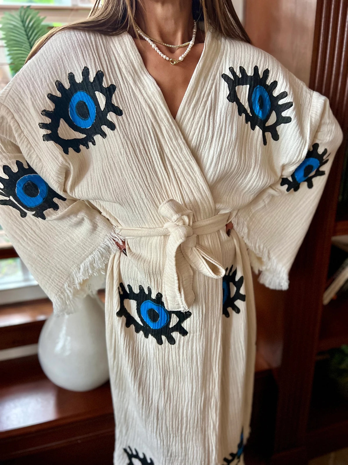 Classic Blue Evil Eye Kimono Detail Shot — Handcrafted in Turkey by Vleyn