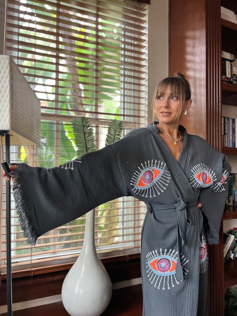 Grey Evil Eye Kimono Front View — Sustainable Kimono Robe by Vleyn