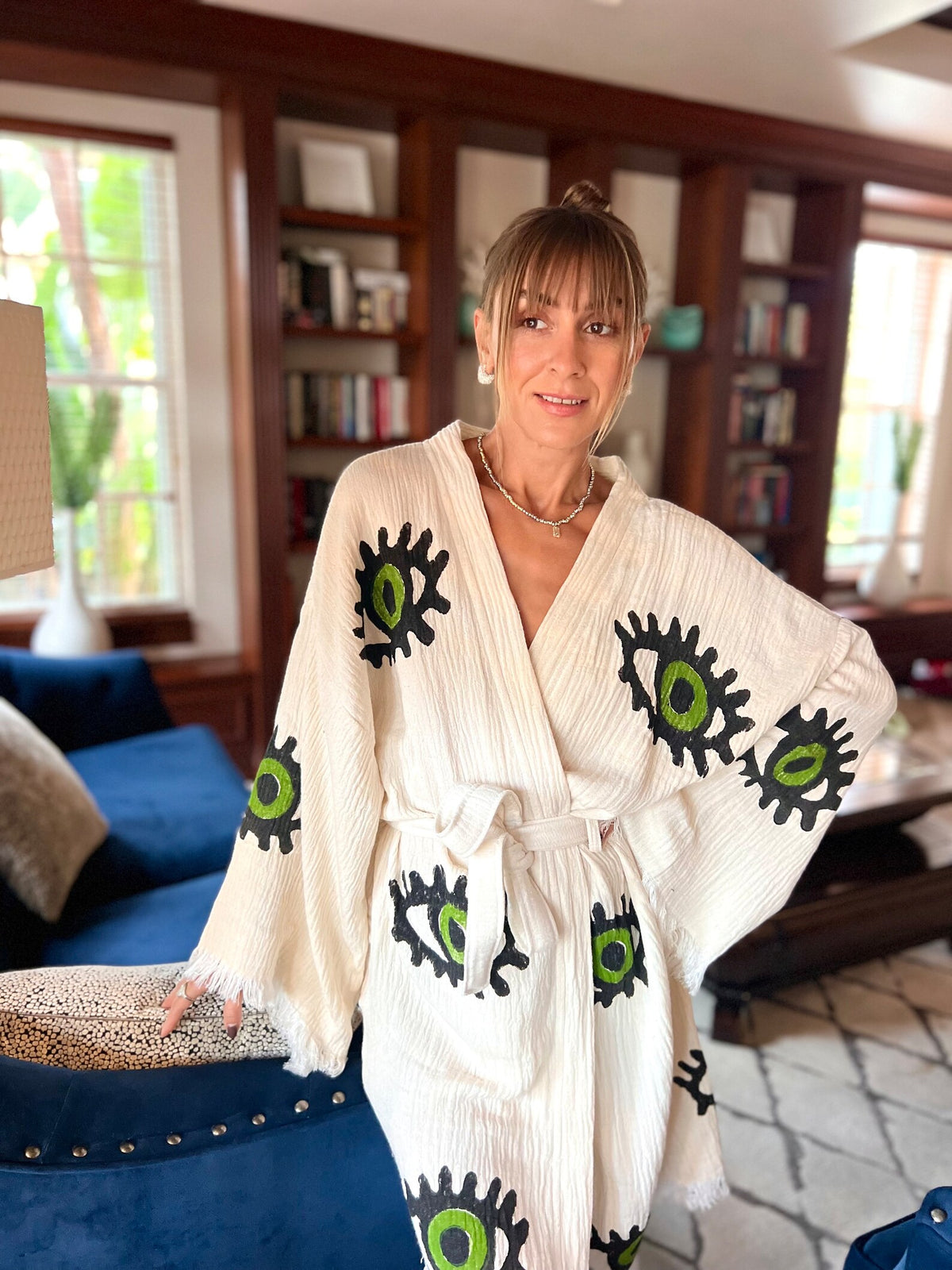 Lime Evil Eye Kimono Front View — Sustainable Kimono Robe by Vleyn