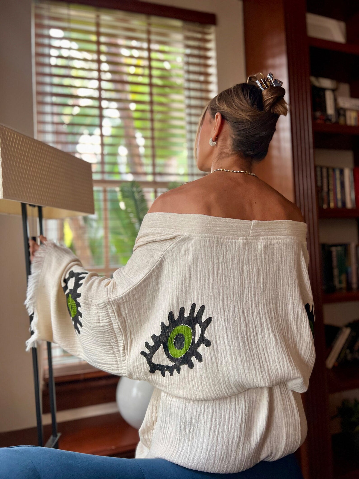 Lime Evil Eye Kimono Detail Shot — Handcrafted in Turkey by Vleyn