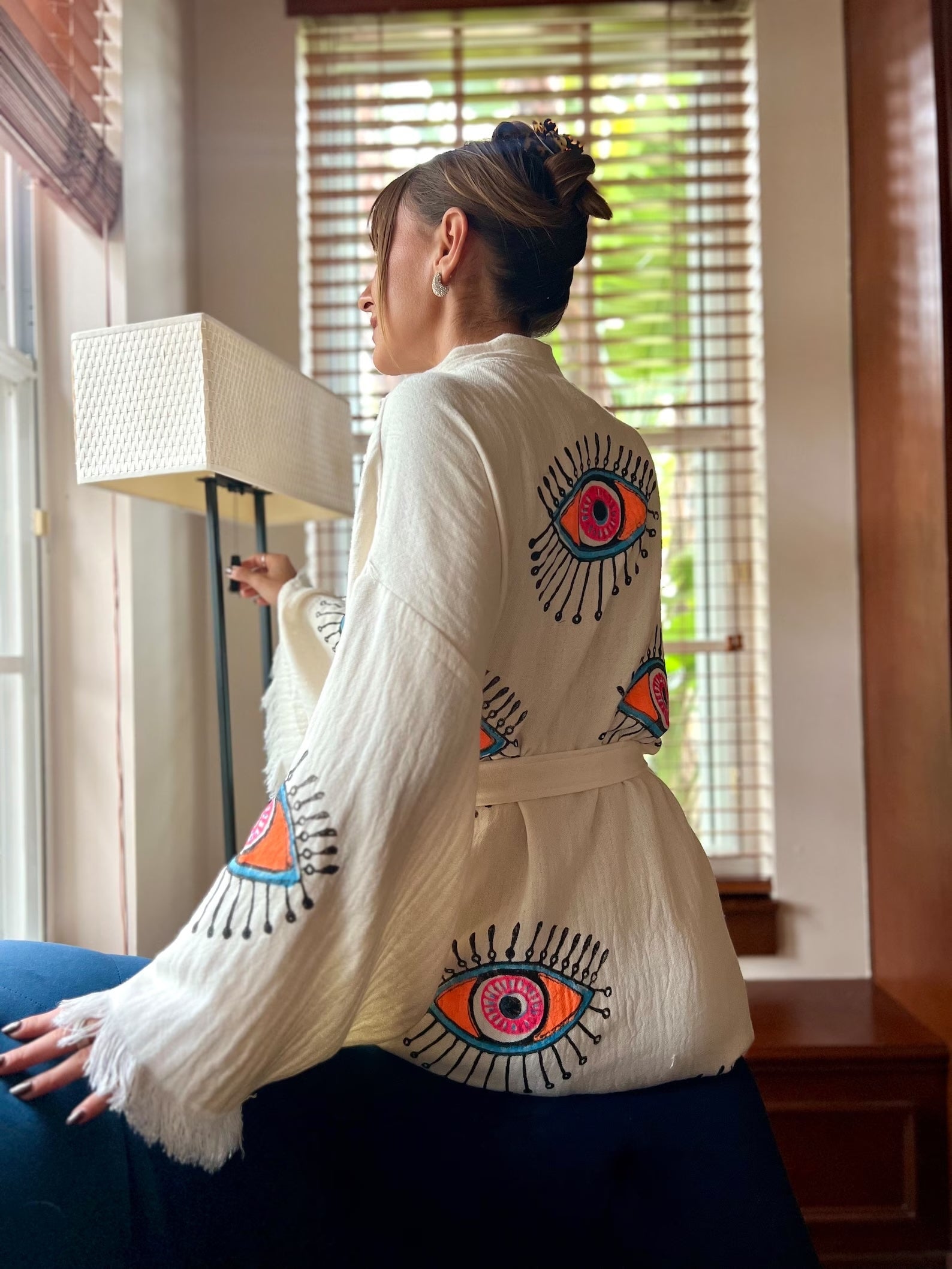 Coral Evil Eye Kimono | Vleyn — Organic Cotton Boho Robe