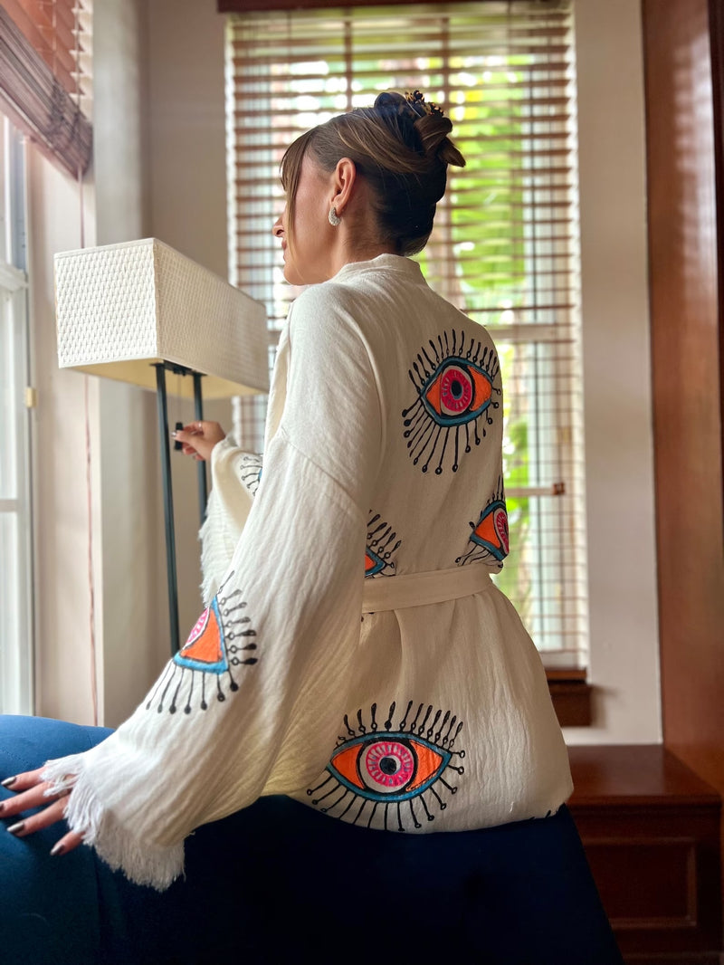 Coral Evil Eye Kimono Front View — Sustainable Kimono Robe by Vleyn