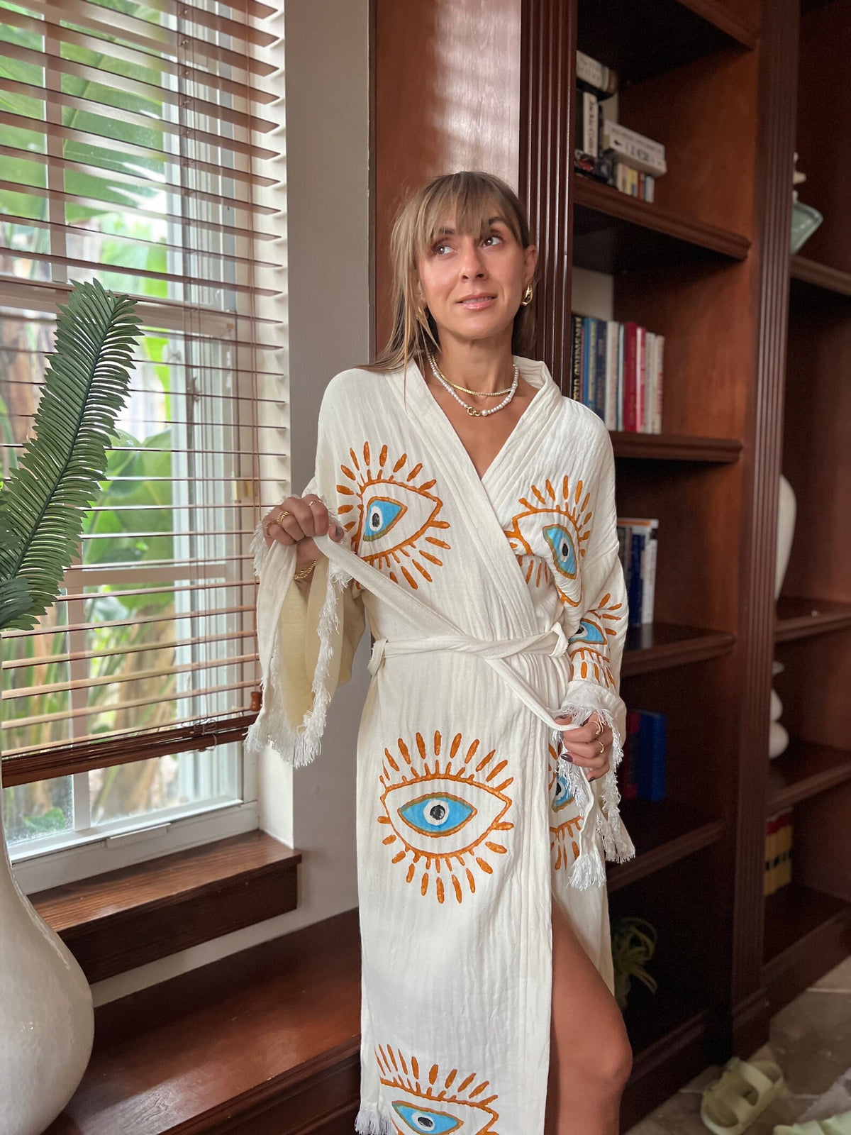 Terracotta Evil Eye Kimono Front View — Sustainable Kimono Robe by Vleyn