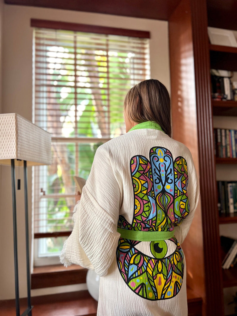 Hamsa Hand Kimono Front View — Sustainable Kimono Robe by Vleyn