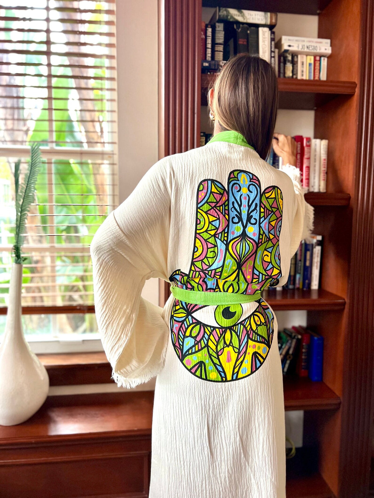 Hamsa Hand Kimono — Organic Cotton Boho Kimono Robe by Vleyn