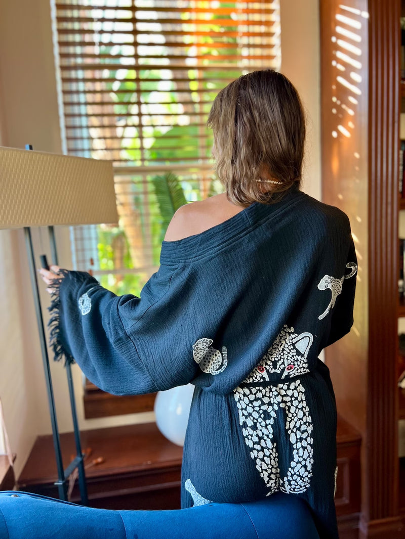 Black Leopard Kimono Front View — Sustainable Kimono Robe by Vleyn