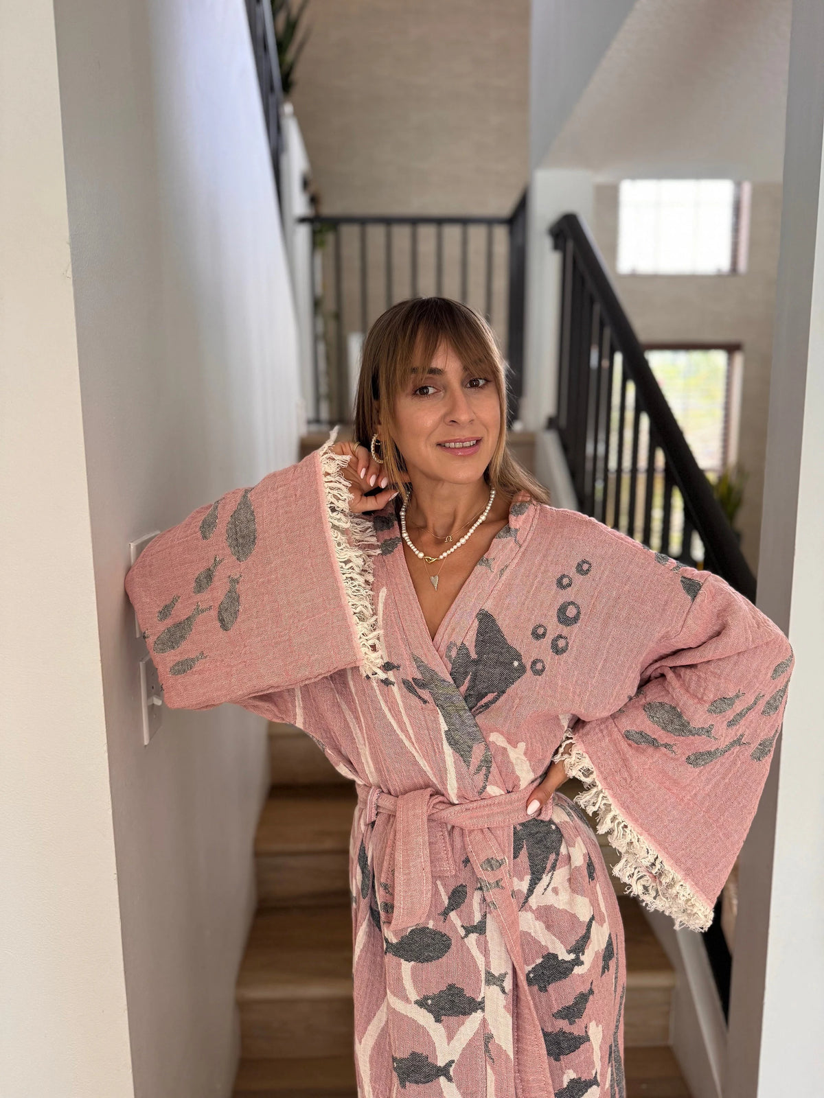 Fish Detailed Double Layer Muslin Bathrobe — Boho Loungewear Robe Vleyn Sustainable Fashion