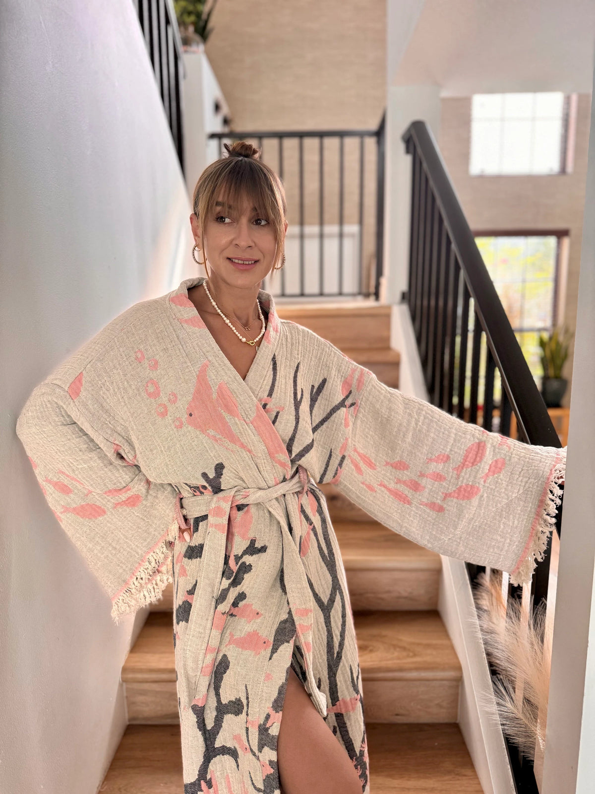 Fish Detailed Double Layer Muslin Bathrobe — Boho Loungewear Robe Vleyn Sustainable Fashion