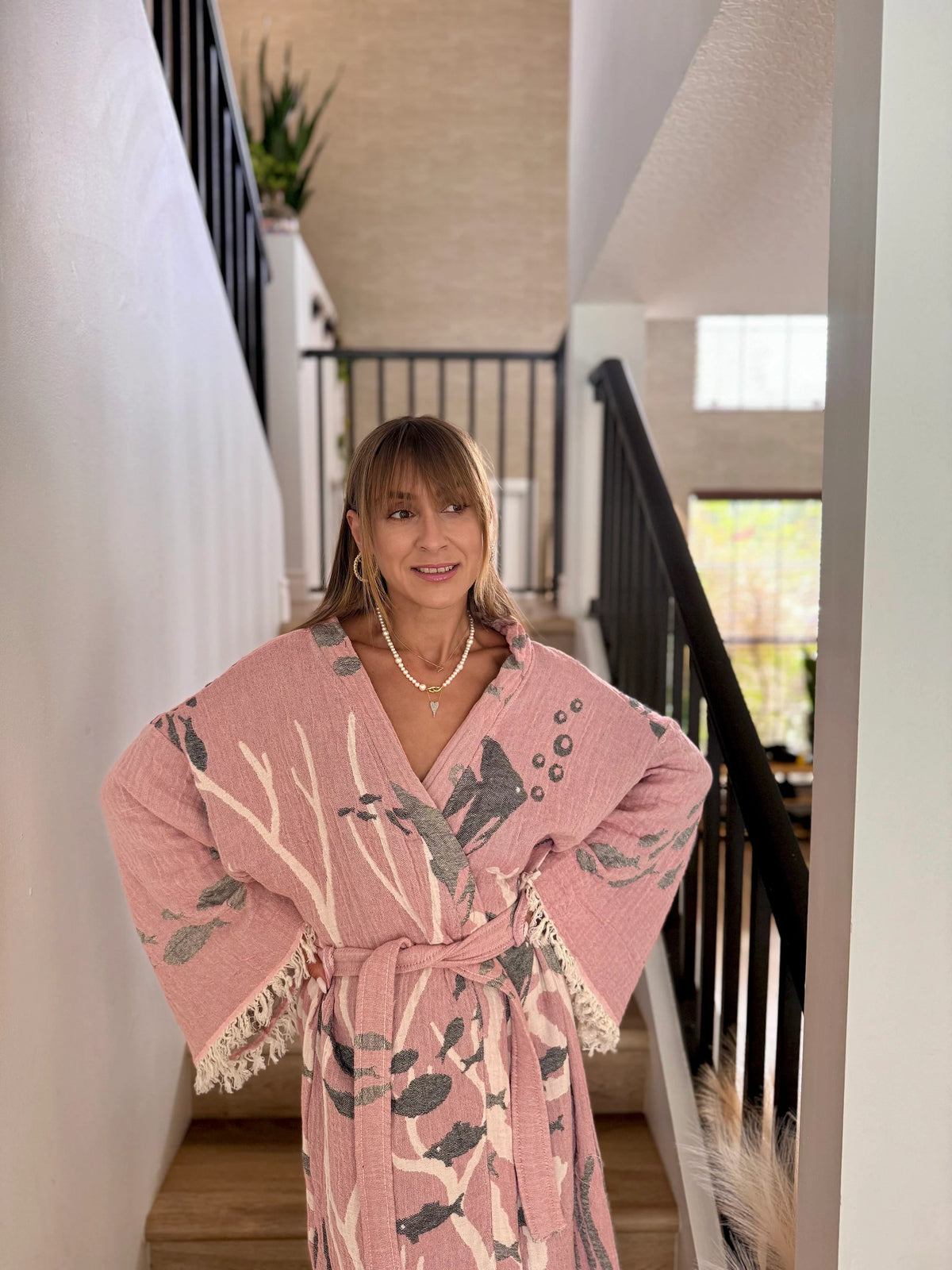 Fish Detailed Double Layer Muslin Bathrobe — Boho Loungewear Robe Vleyn Sustainable Fashion