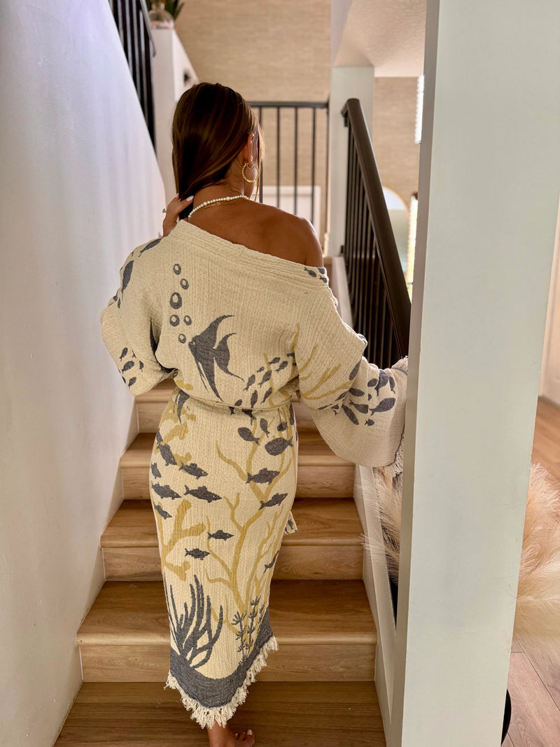 Fish Detailed Double Layer Muslin Bathrobe Front View — Sustainable Loungewear Robe by Vleyn