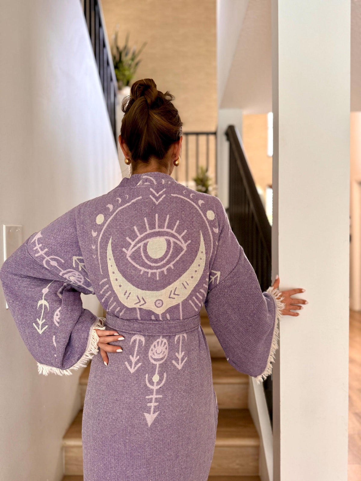 Soft Woven Cotton Robe in Arrow Design Front View — Sustainable Boho Robe by Vleyn