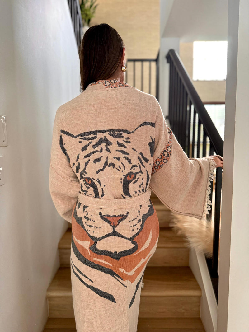Tiger Design Robe in Pink Front View — Sustainable Luxury Robe by Vleyn