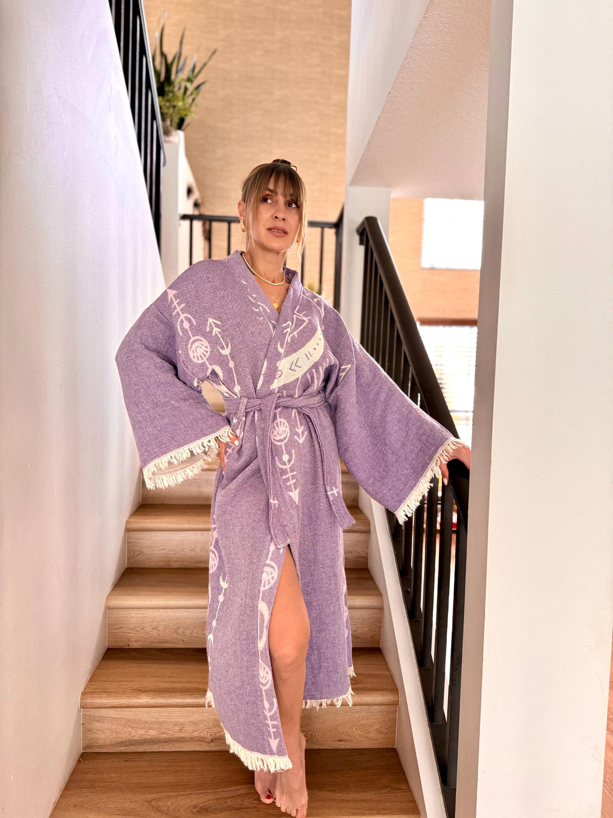 Soft Woven Cotton Robe in Arrow Design Full Length — Boho Luxury Boho Robe by Vleyn