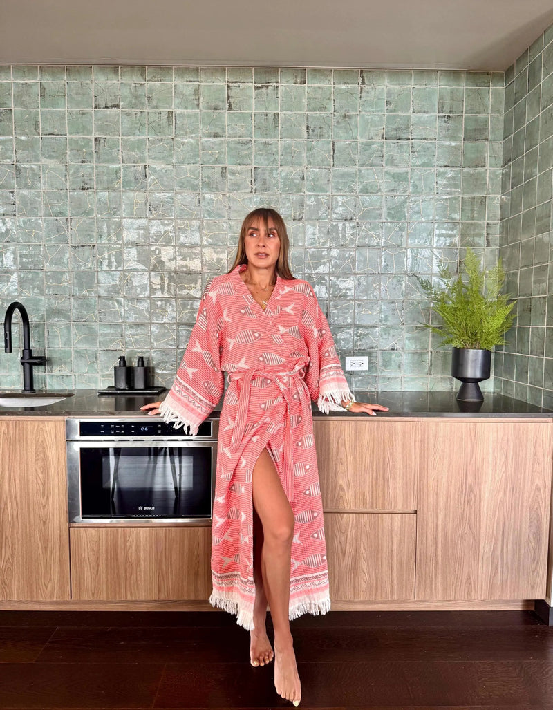 Pink Fish Details Robe Front View — Sustainable Loungewear Robe by Vleyn