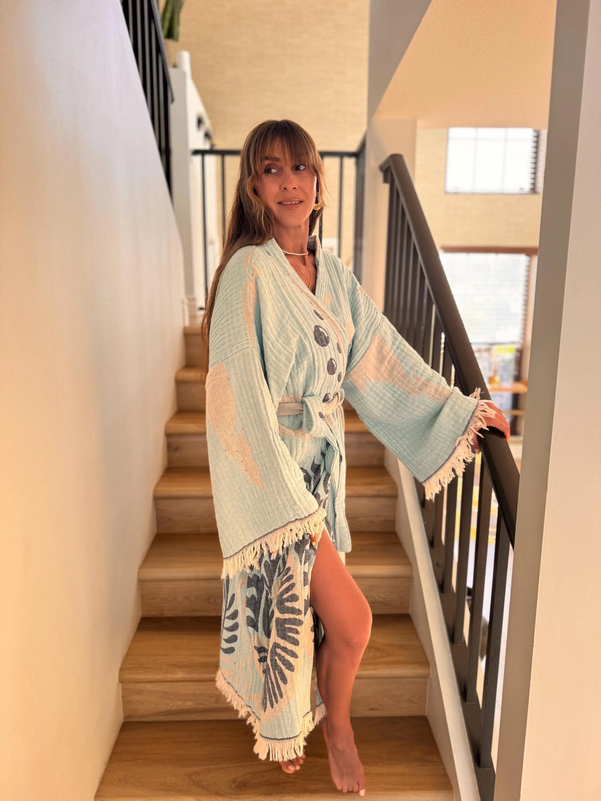 Sky Blue Dolphin Details Robe — Organic Cotton Boho Loungewear Robe by Vleyn