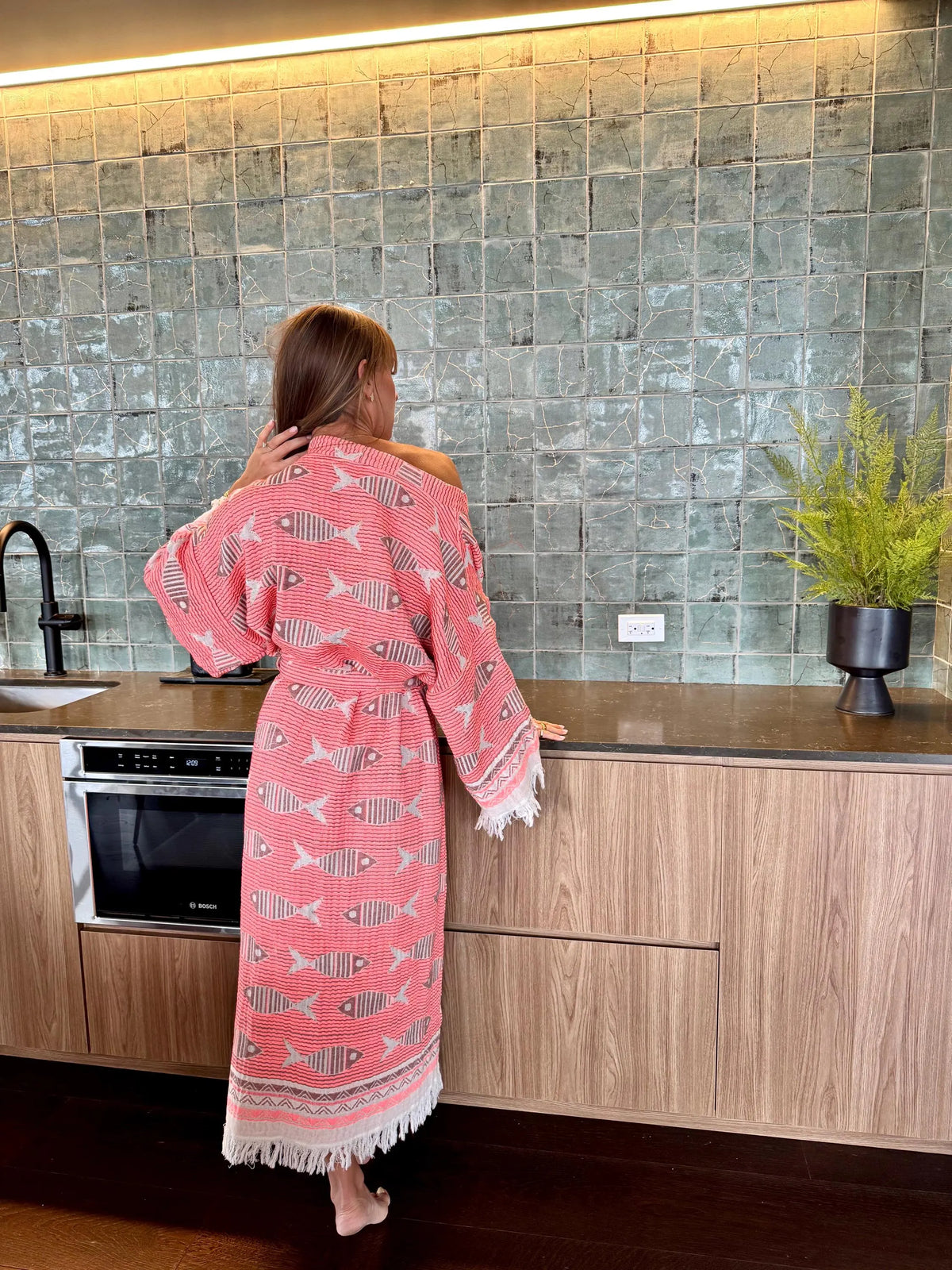 Pink Fish Details Robe Detail Shot — Handcrafted in Turkey by Vleyn