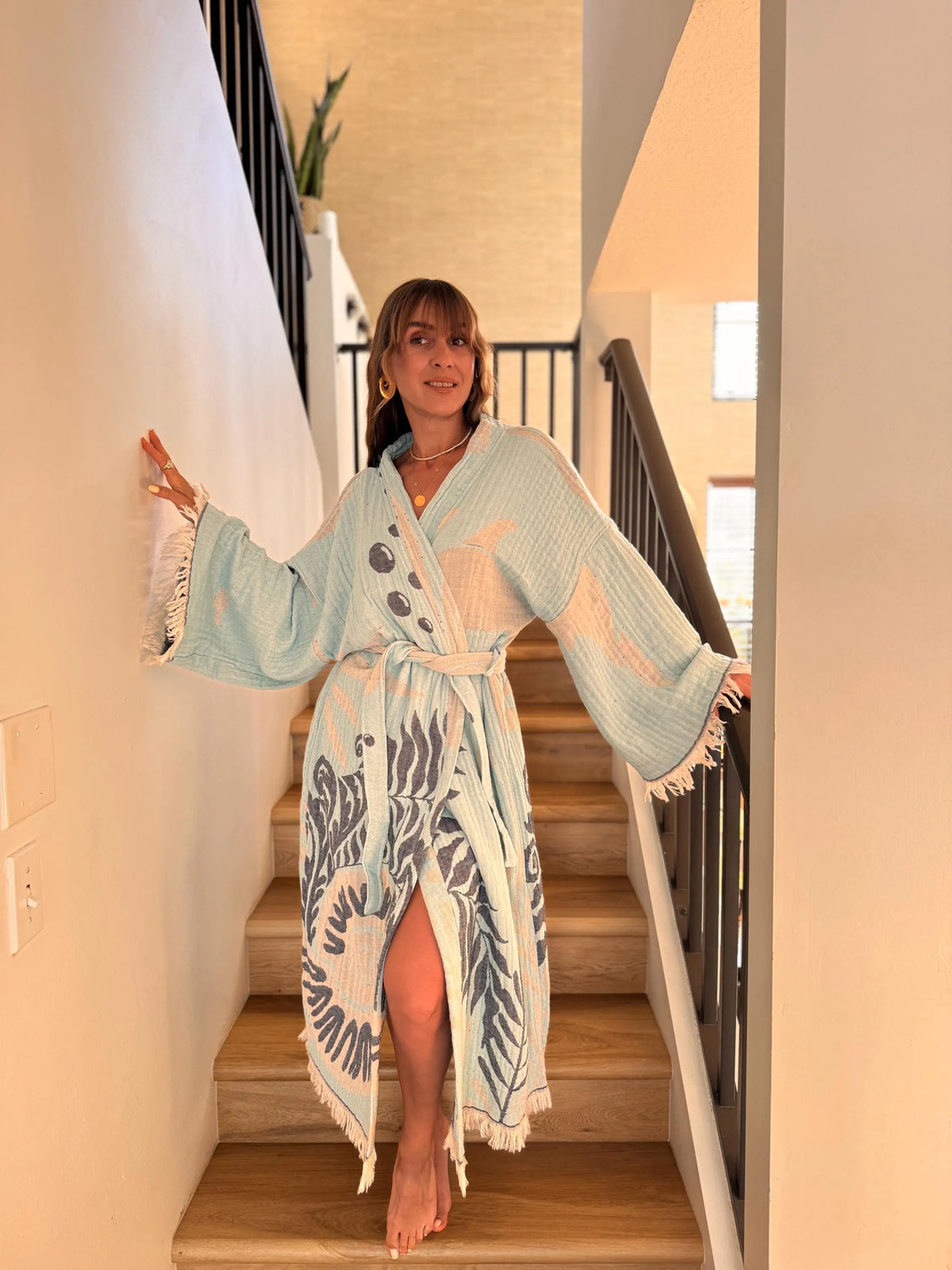 Sky Blue Dolphin Details Robe Full Length — Boho Luxury Loungewear Robe by Vleyn