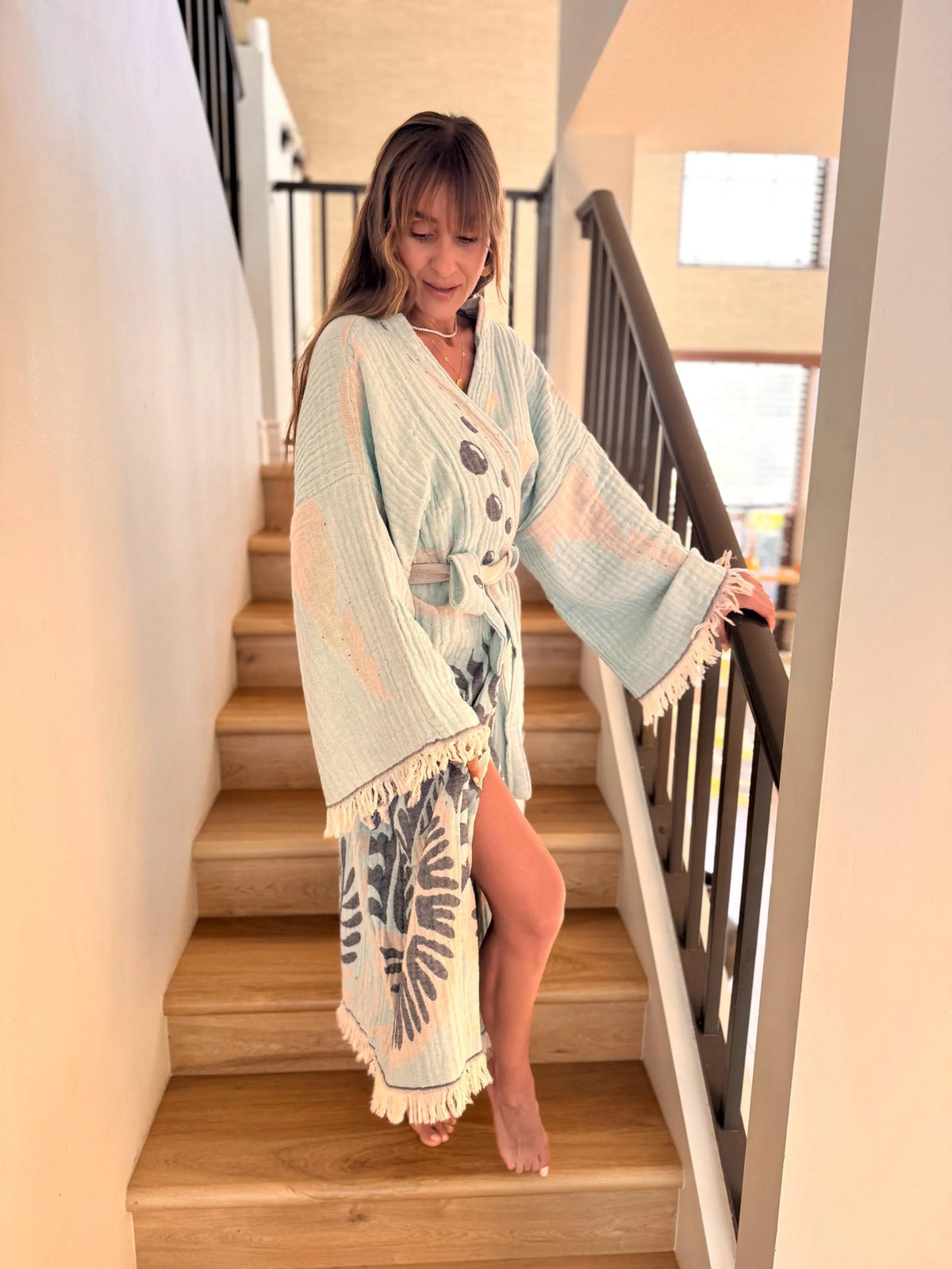 Sky Blue Dolphin Details Robe — Boho Loungewear Robe Vleyn Sustainable Fashion