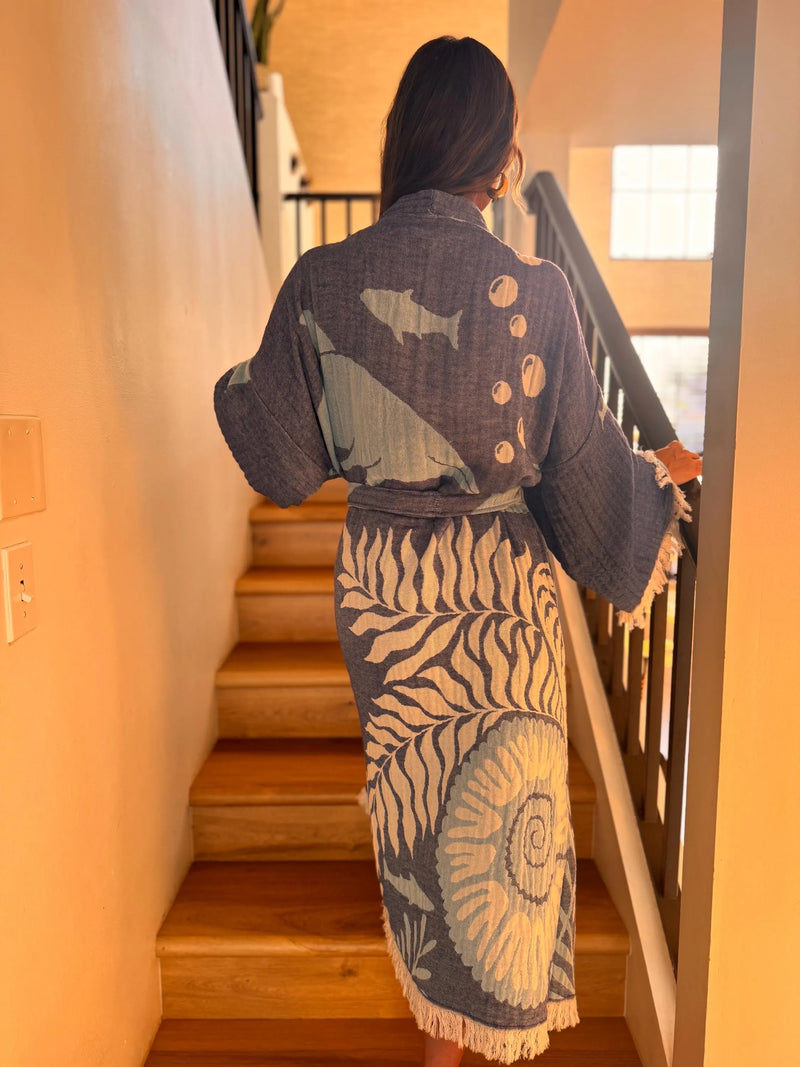 Navy Dolphin Details Robe Front View — Sustainable Loungewear Robe by Vleyn