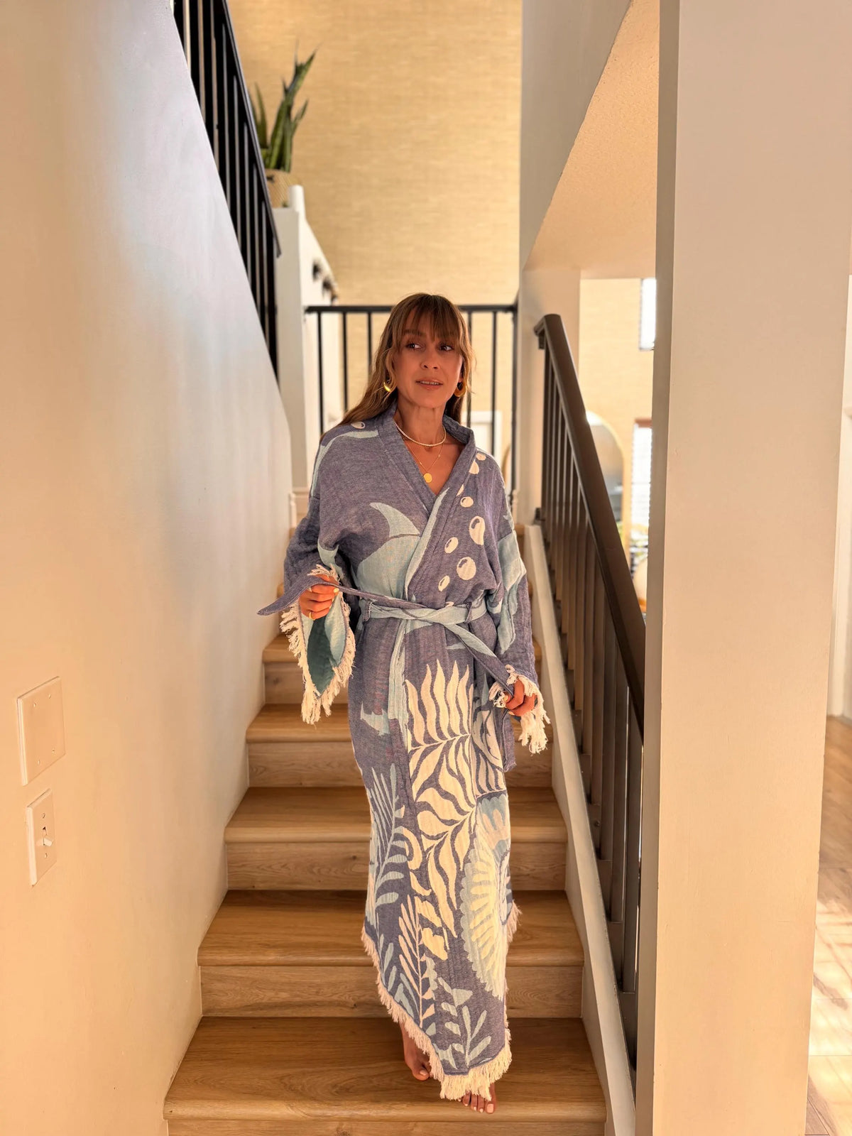 Navy Dolphin Details Robe Full Length — Boho Luxury Loungewear Robe by Vleyn