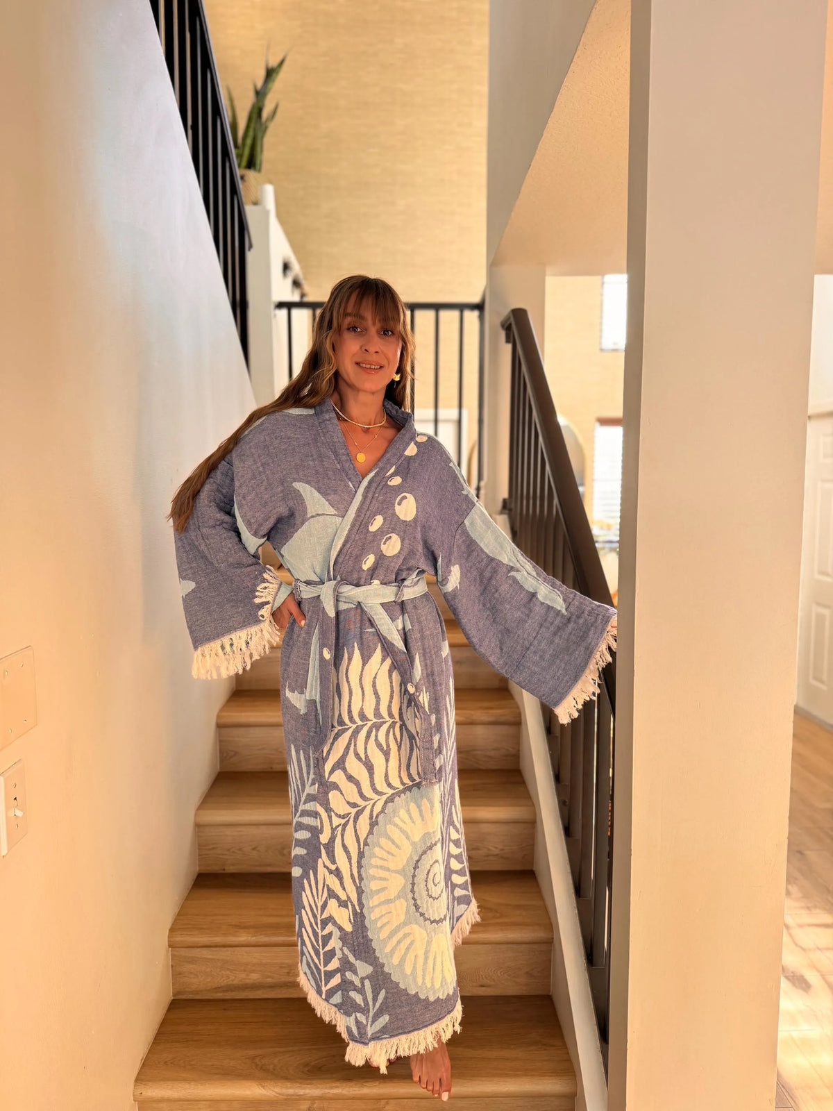Navy Dolphin Details Robe — Organic Cotton Boho Loungewear Robe by Vleyn