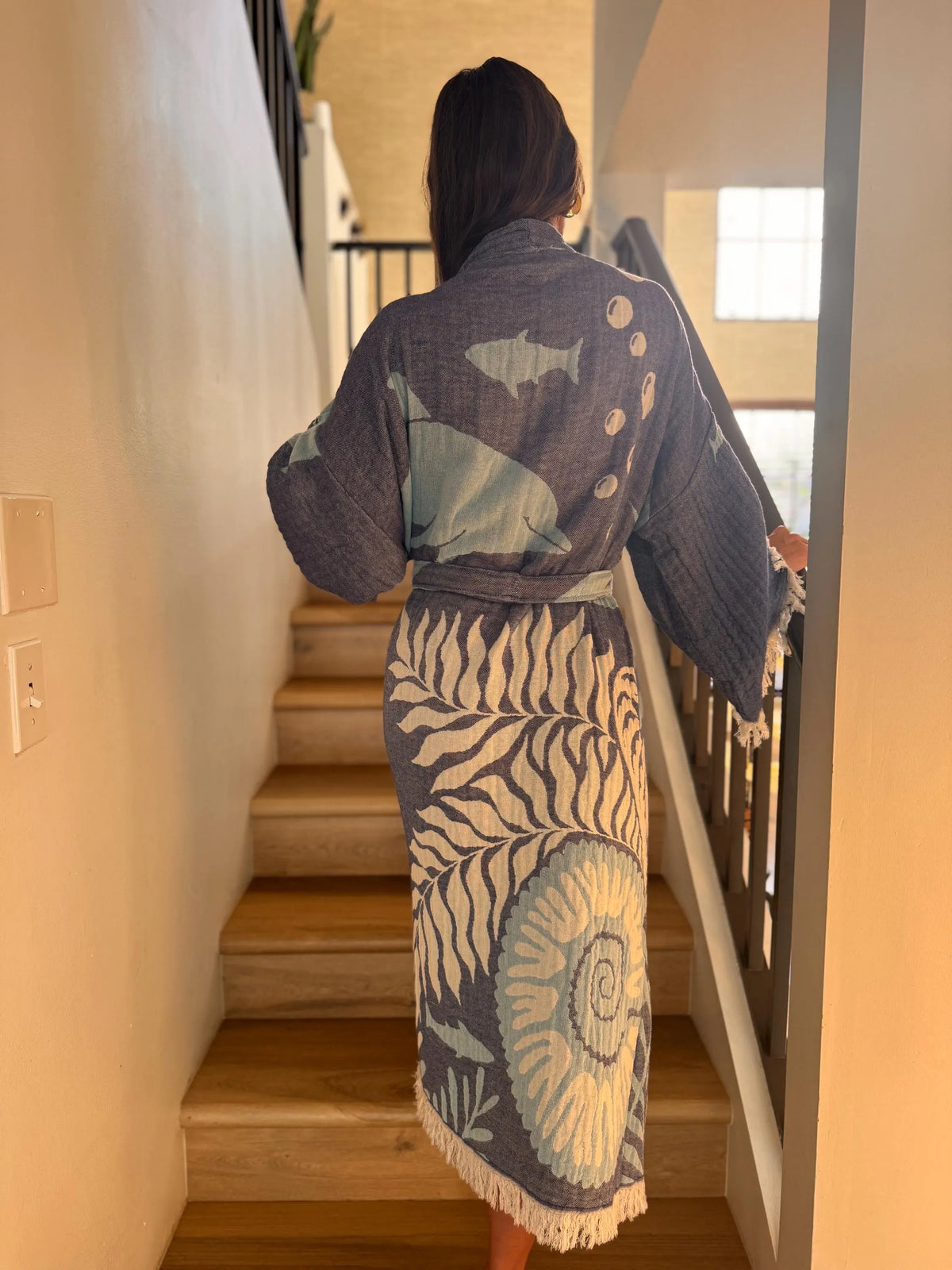 Navy Dolphin Details Robe — Boho Loungewear Robe Vleyn Sustainable Fashion