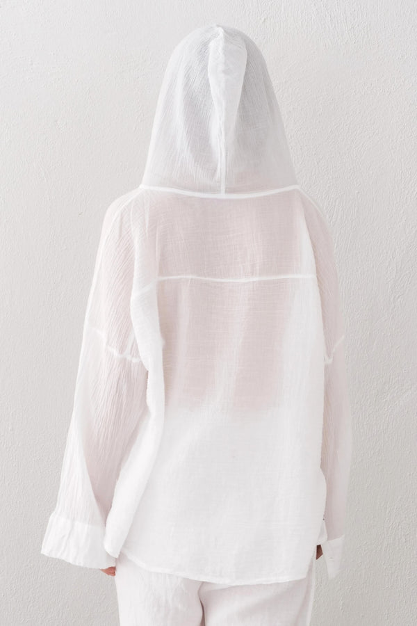 White Linen Long Sleeve Hoodie Shirt - Vleyn