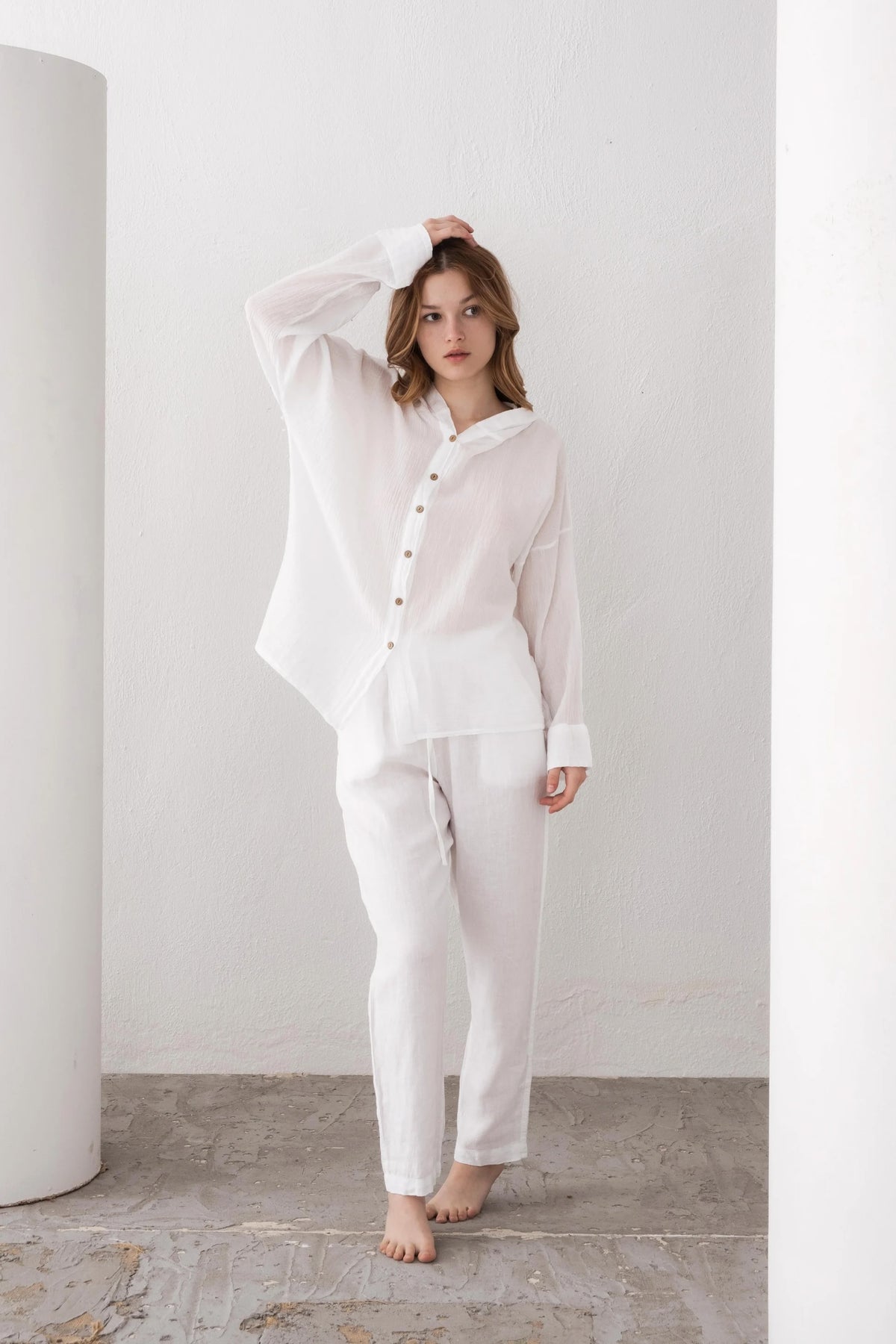 White Linen Hoodie Shirt Detail — Resort Wear by Vleyn