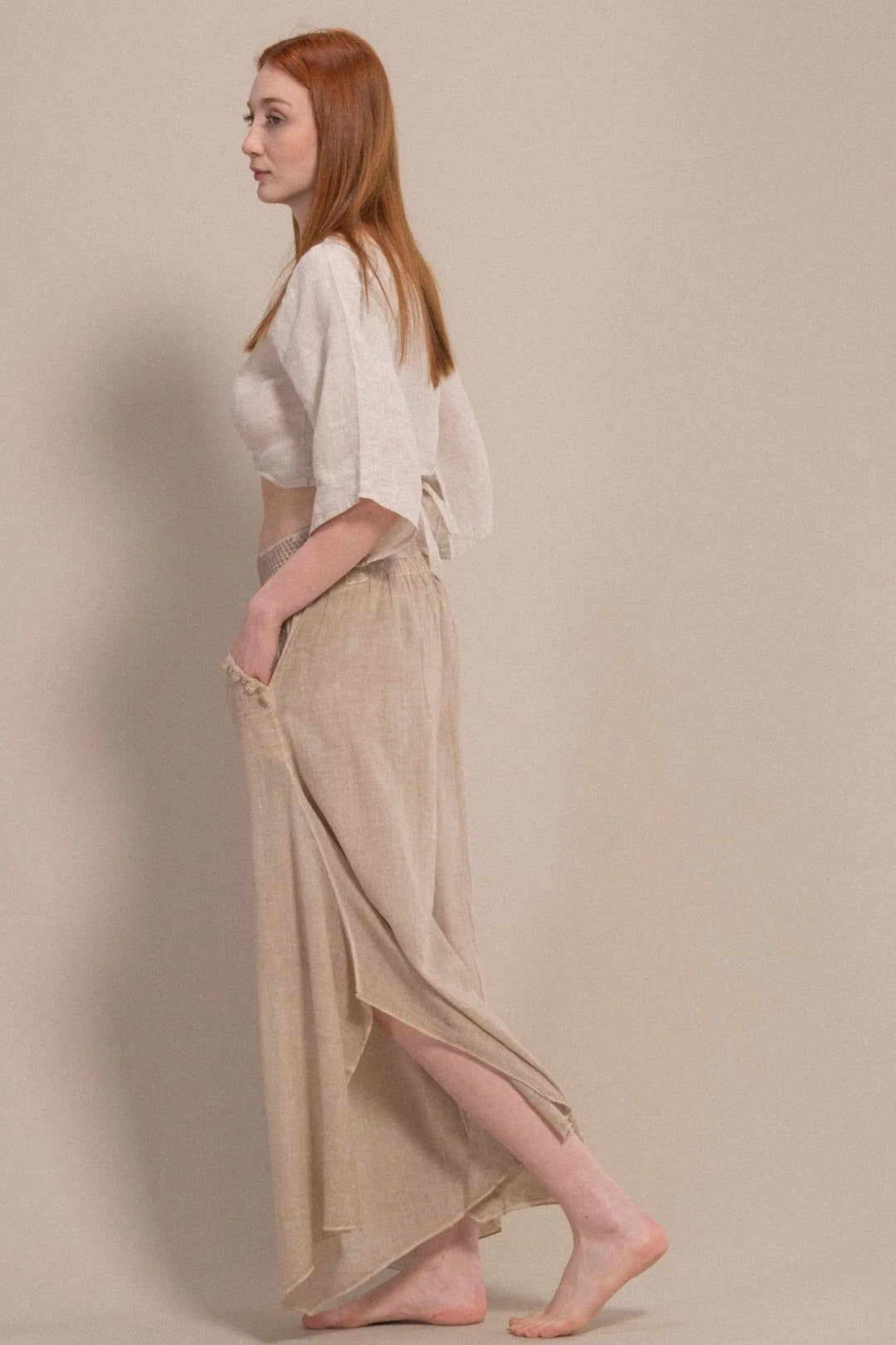 Beige Wide-Leg Palazzo Pants Front View — Organic Cotton by Vleyn