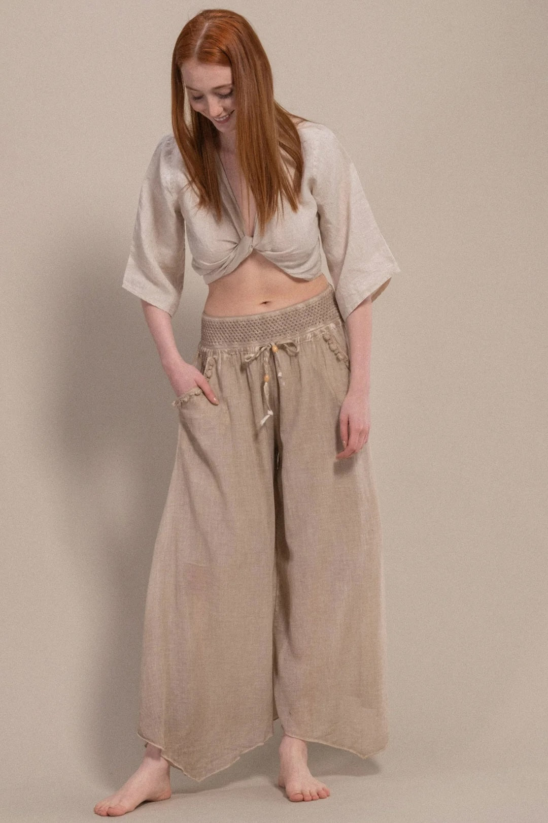 Beige Palazzo Pants Detail Shot — Boho Style Organic Cotton by Vleyn