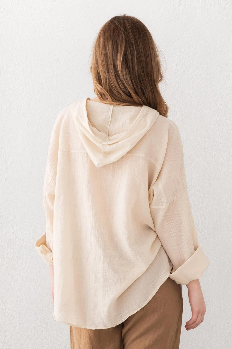 Beige Organic Linen Hoodie Front View — Sustainable Beach Cover Up by Vleyn