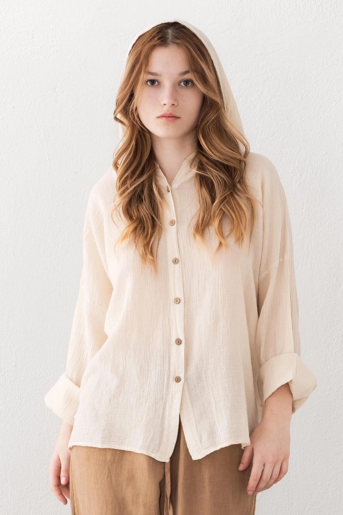Beige Linen Hoodie Shirt Detail — Resort Wear by Vleyn