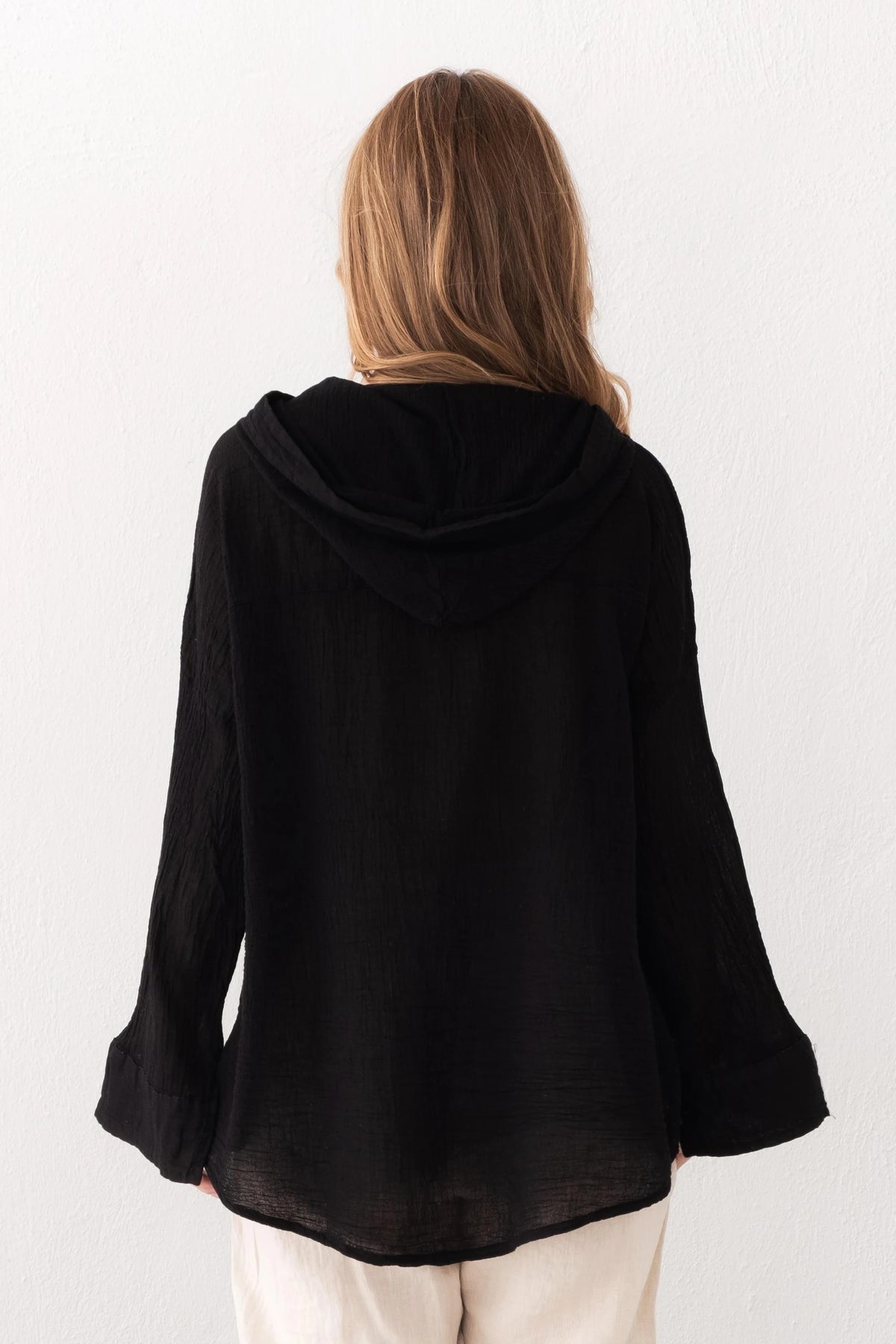 Black Organic Linen Hoodie Front View — Sustainable Beach Cover Up by Vleyn