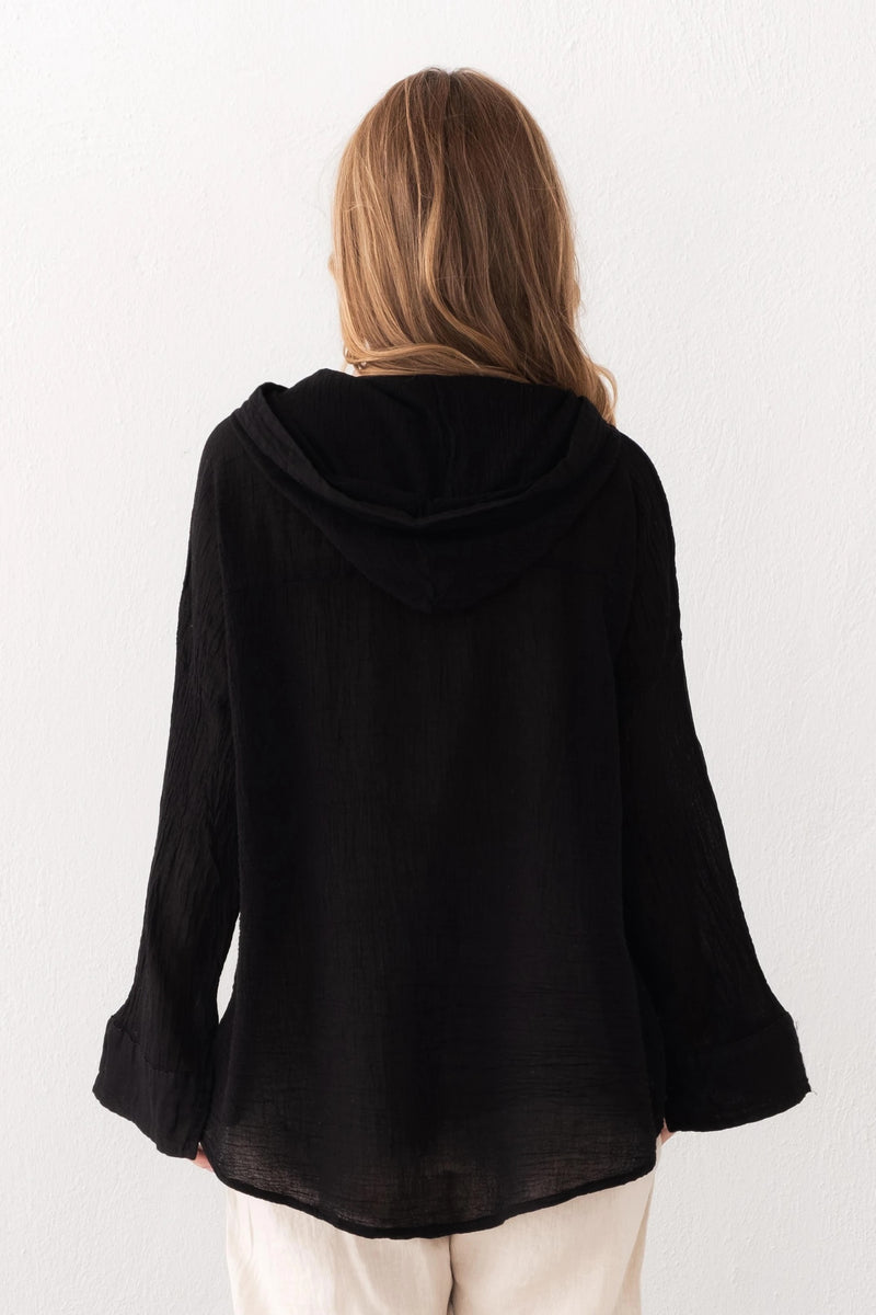 Black Organic Linen Hoodie Front View — Sustainable Beach Cover Up by Vleyn